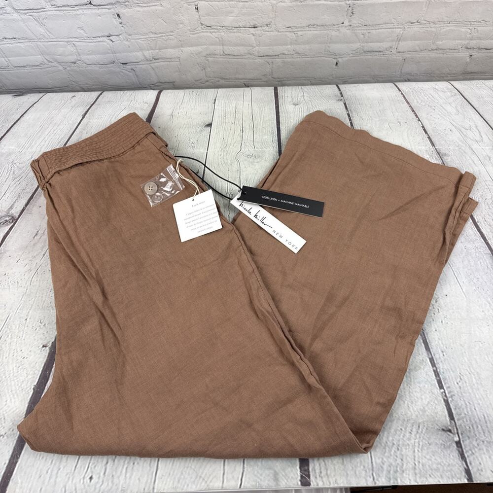 Nicole Miller New York 100% Linen Pants Brown Straight Leg Womens Sz 10